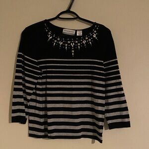 Alfred Dunner Black and Silver/Gray/metallic blend Striped Knit 3/4 sleeve